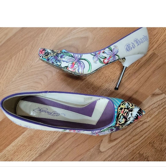 RARE Ed HARDY PUMPS VINTAGE  SIZE US 7 Christian Audigier Designer Canvas - Picture 10 of 12